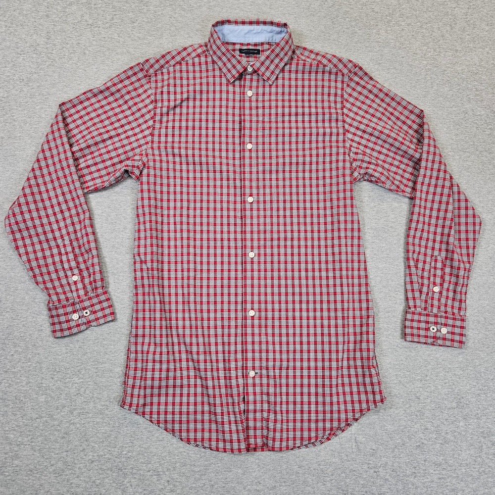 Tommy Hilfiger Mens Red White Blue Plaid Long Sleeve Button Down Shirt Small